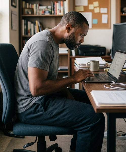 Man fixing poor posture with Iron Neck