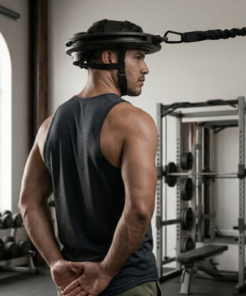 Man preventing injuries with Iron Neck