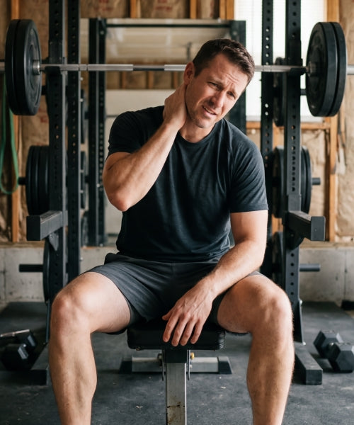 Man fixing neck discomfirt with Iron Neck